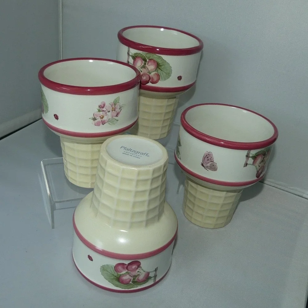 Pfaltzgraff Ceramic Ice Cream Cone Dessert Bowls Set of 4 Fruit Floral Butterfly